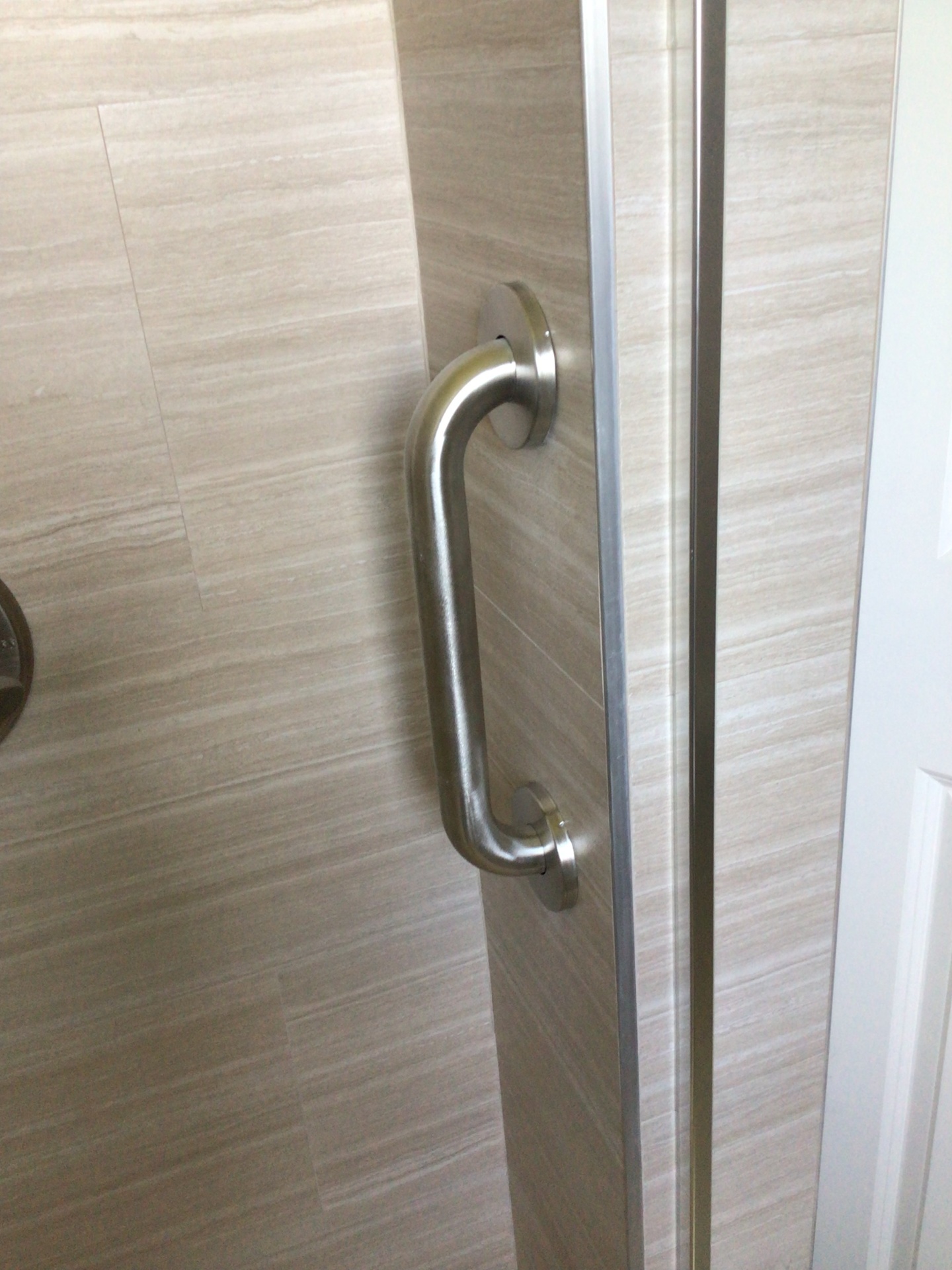Stainless grab bar installed by glass shower door